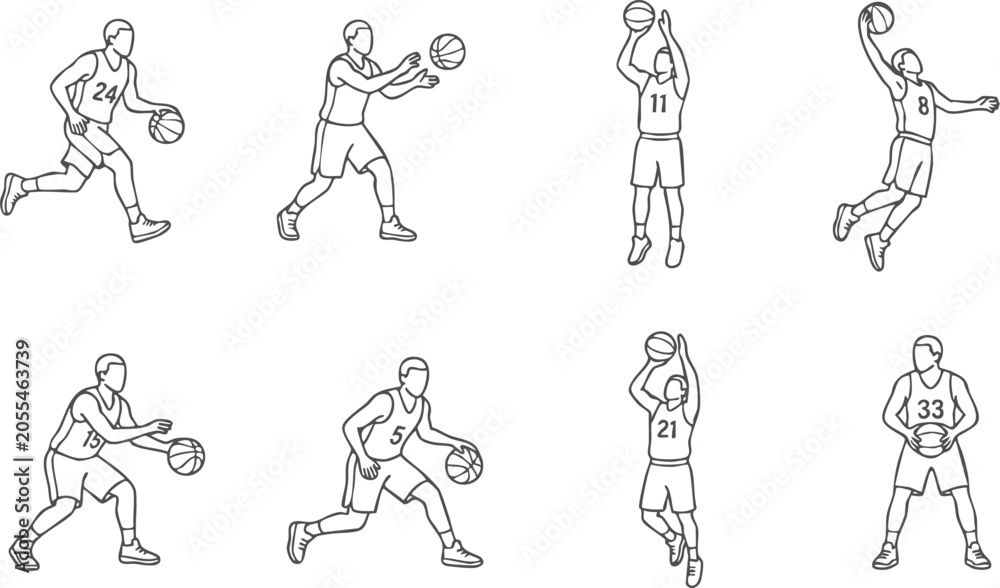 Fototapeta premium Basketball players performing various athletic actions like dribbling passing shooting and dunking in a simple black and white line art style