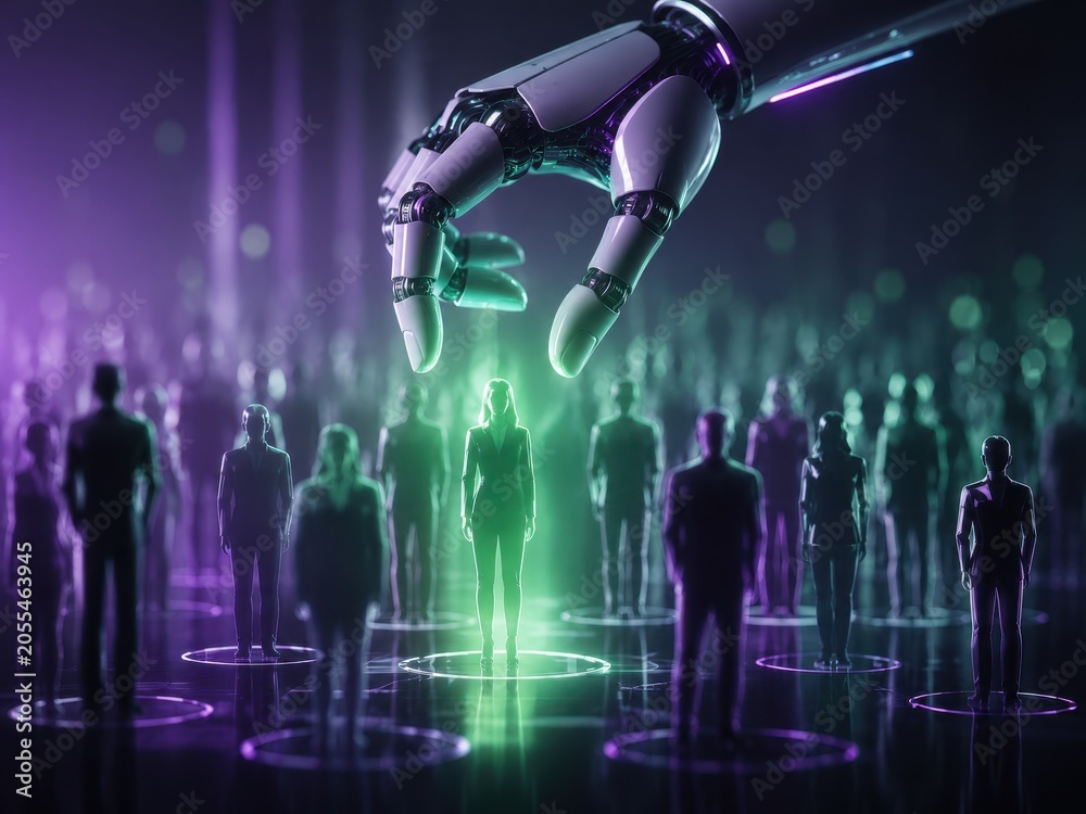 Fototapeta premium Artificial Intelligence Talent Selection With Robotic Hand Choosing Candidate From Digital Crowd
