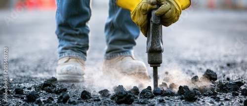Close-up of person breaking asphalt with jackhammer, dust flying