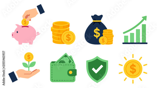 Financial savings and money management icon set in flat style