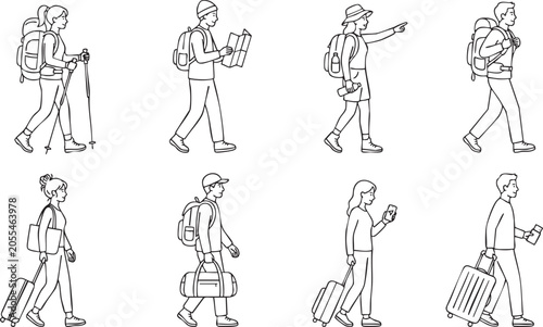 Diverse group of hikers and travelers carrying backpacks and suitcases depicted in simple black and white thin line vector illustrations