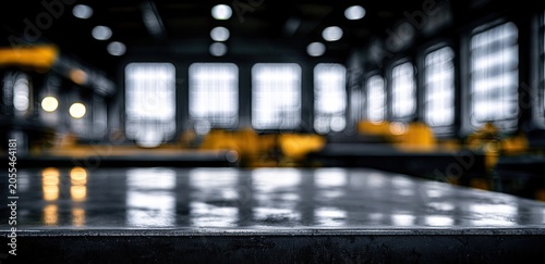 Industrial interior with blurred details and a reflective foreground surface