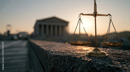 Golden scales of justice silhouetted against a dramatic sunrise behind a courthouse