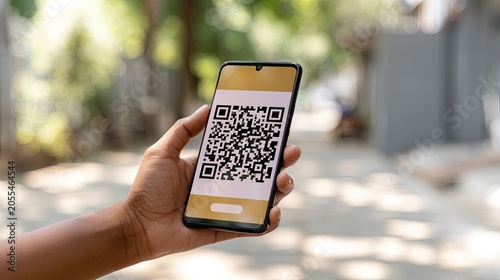 Hand holding phone with QR code displayed on screen, outdoors