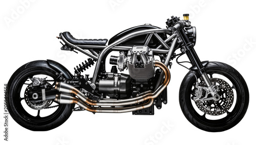 Foto Isolated custom-built cafe racer motorcycle, sleek design, powerful engine, shiny chrome details