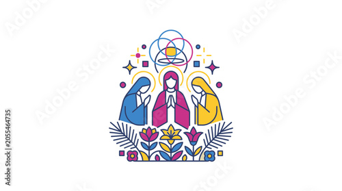 Canvastavla Religious figures praying with flowers and abstract shapes