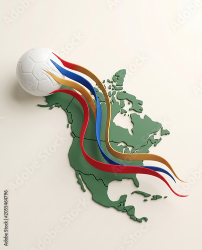 Soccer ball on North America map, sports concept, global event, tournament, competition, travel, with copy space, isolated