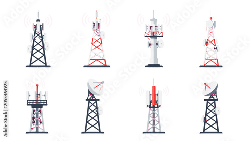 Foto Set of communication towers and satellite antenna illustrations