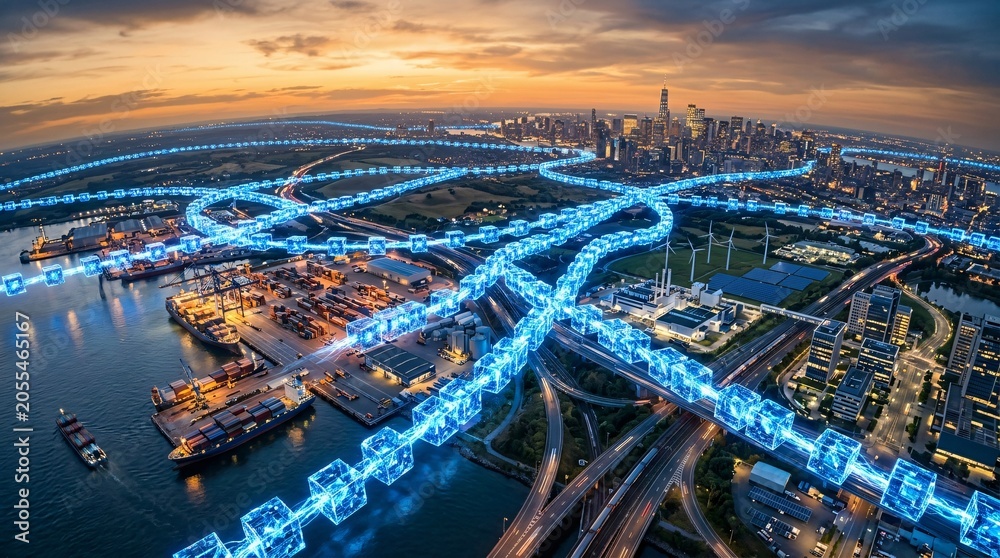 Fototapeta premium Aerial view of a cityscape with illuminated blue roads and highways at sunset.