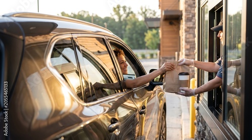 A person in a brown SUV receiving a food order in a paper bag from a drive-thru window attendant during daytime.