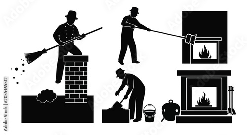 Obraz na plátně Chimney Sweeps And Fireplace Elements In Black Silhouette sweep fireplaces