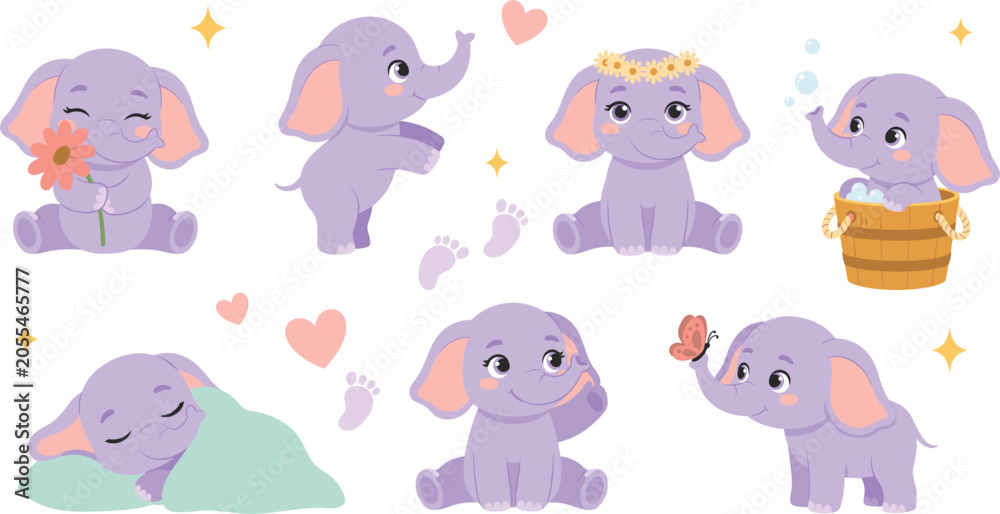 Fototapeta premium Cute Purple Baby Elephant Cartoon Character Vector Set Featuring Sweet Poses Holding Flower Taking Bath Sleeping and Playing with Butterfly