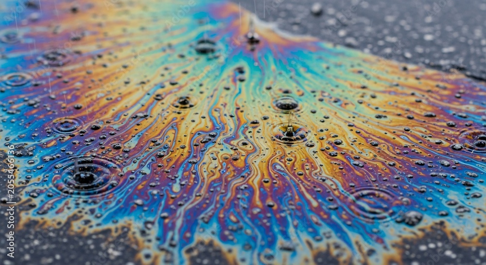 Naklejka premium Vibrant oil slick on wet pavement.
