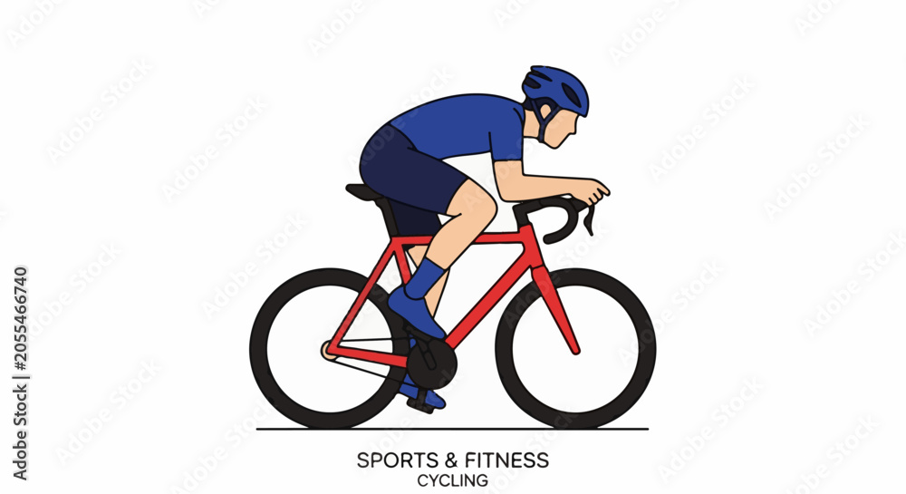Fototapeta premium A stylized cartoon of a cyclist in a blue uniform on a red bicycle, wearing a blue helmet