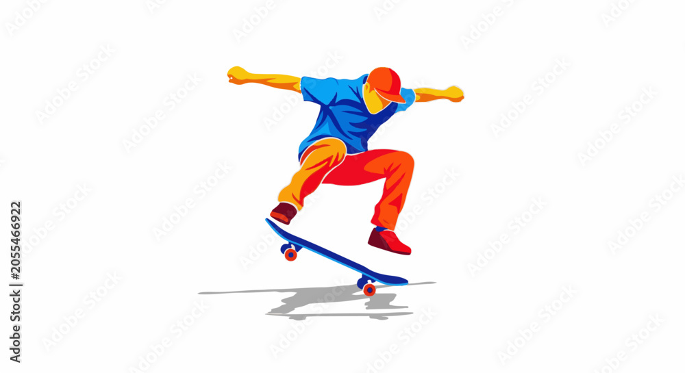 Fototapeta premium Energetic skateboarder mid-air performing a trick with vibrant, stylized colors