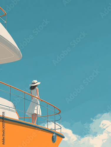 Minimalist illustrations of an elegant woman in a white dress and sun hat standing on an orange and blue yacht, gazing out at the vast sea horizon under a clear sky.