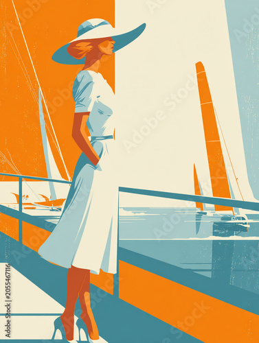 Minimalist illustrations of an elegant woman in a white dress and sun hat standing on an orange and blue yacht, gazing out at the vast sea horizon under a clear sky.