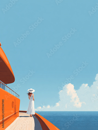 Minimalist illustrations of an elegant woman in a white dress and sun hat standing on an orange and blue yacht, gazing out at the vast sea horizon under a clear sky.