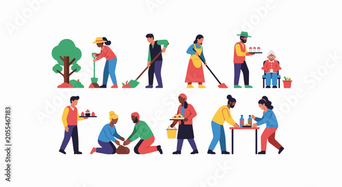 Diverse individuals engaged in communal activities like gardening, serving, and preparing food together