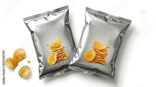 Two open bags of seasoned tortilla chips with scattered chips on white background