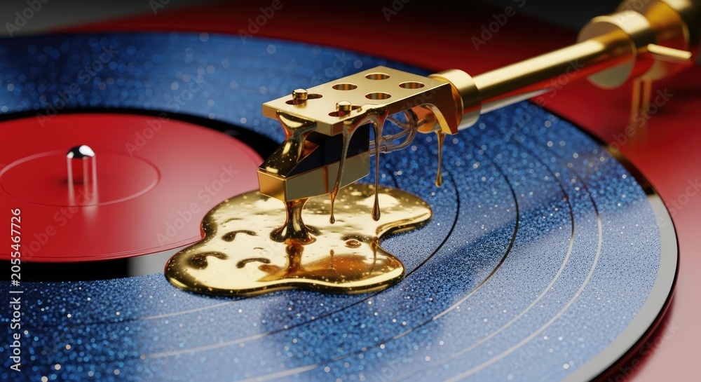 Obraz premium Gold liquid melting on blue glitter vinyl record turntable.