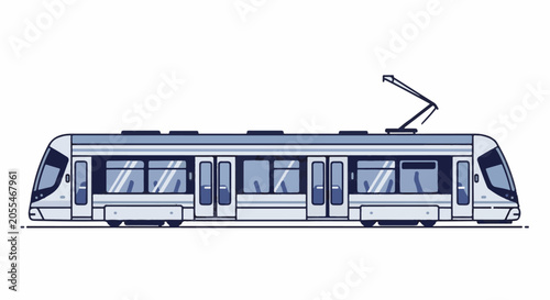 A modern, multi-car train with a pantograph on the roof and tinted windows