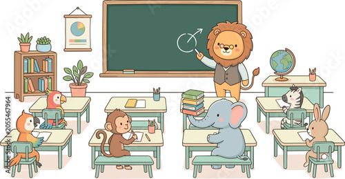 Photography Cute Animal Classroom Vector Illustration with Lion Teacher at Blackboard and Ad