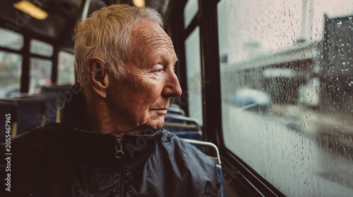 An elderly man gazes thoughtfully out of a bus window as rain droplets cascade down, capturing a moment of reflection and solitude.