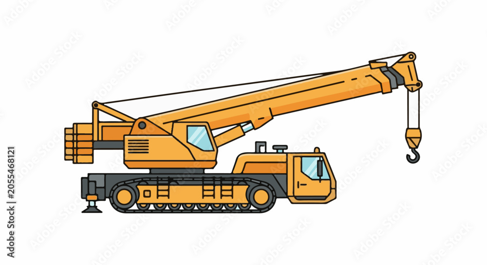 Obraz premium An orange crawler crane with a long boom, hook, and outriggers