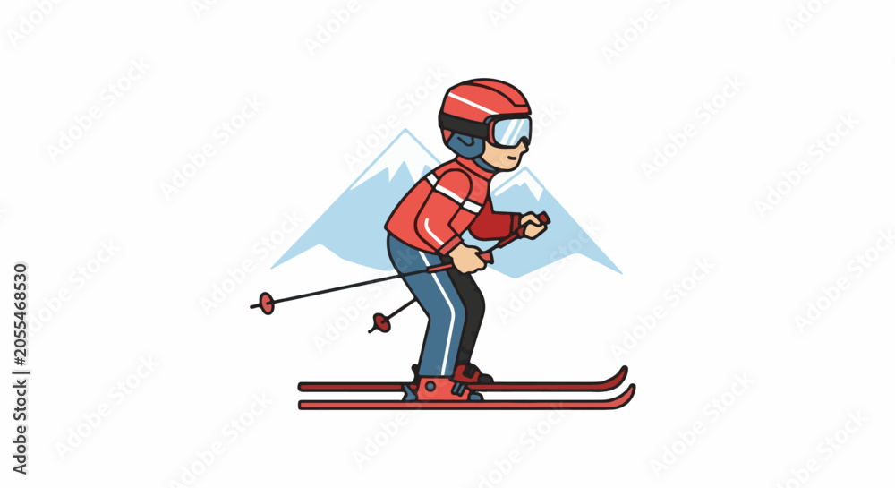 Fototapeta premium A cartoon skier in red gear descends a snowy slope with mountains in the background