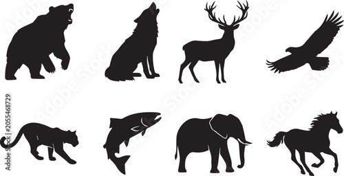 Εκτύπωση καμβά Vector silhouettes of wild animals and nature wildlife including grizzly bear ho