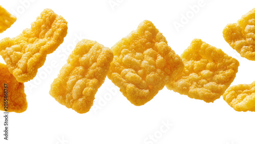 Slika na platnu Isolated crunchy savory cheesy golden yellow puffed snack food, delicious appetizers
