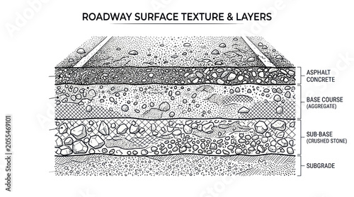 Roadway Surface Texture and Layers: Asphalt, Base Course, Sub-Base, Subgrade