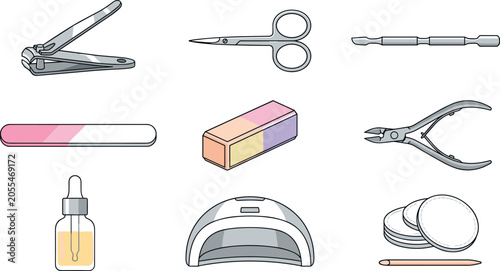 Fotografi Manicure and Pedicure Nail Care Tool Vector Icon Set with Clippers, Scissors, Fi