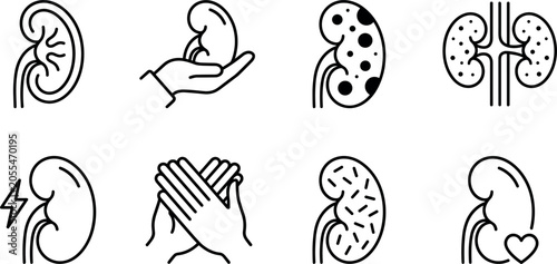 Fotografie Kidney Health Icon Set with Disease, Care, Stone, Donation, and Treatment Line