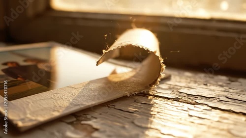 Old rolled up photograph with peeling edges illuminated by warm sunlight