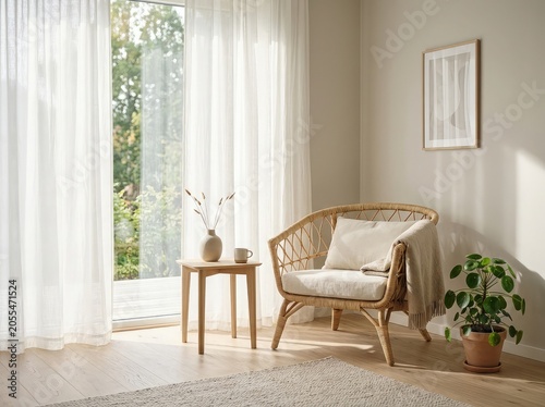 Minimalist living room with rattan chair and natural light