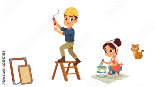 Cartoon man painting while woman enjoys coffee at home Vector