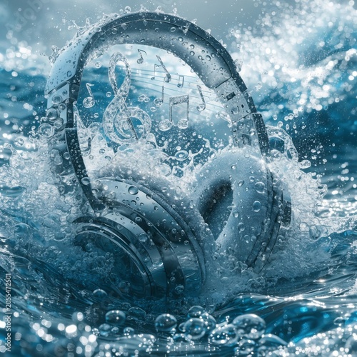 Music waves and headphones submerged in crystal clear ocean visual art dreamy underwater atmosphere serenity concept