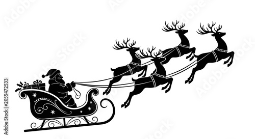 Φωτογραφία Silhouette of Santa Claus in his sleigh pulled by four flying reindeer, isolated white background