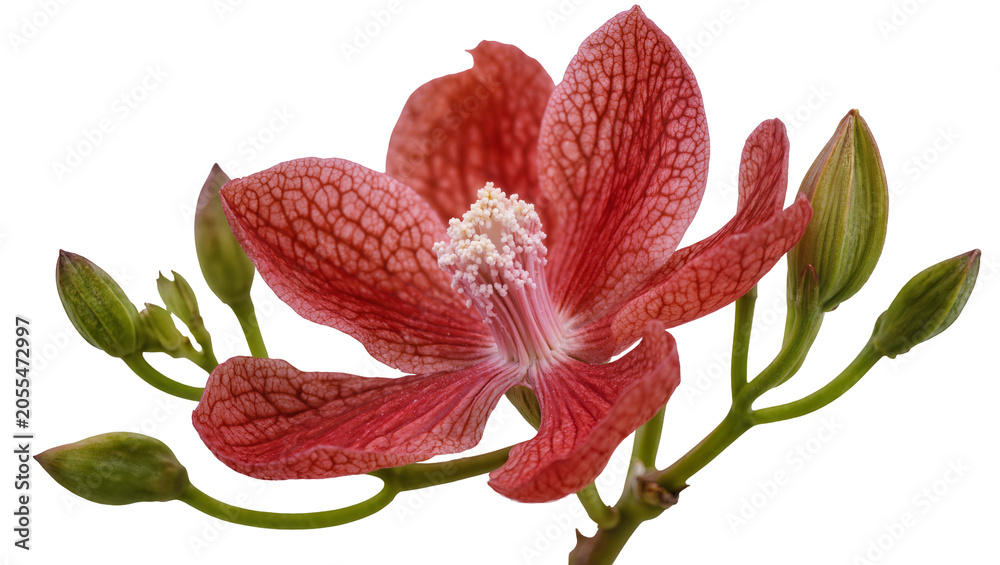 Fototapeta premium Isolated beautiful vibrant red exotic flower with intricate petal details and fresh green buds