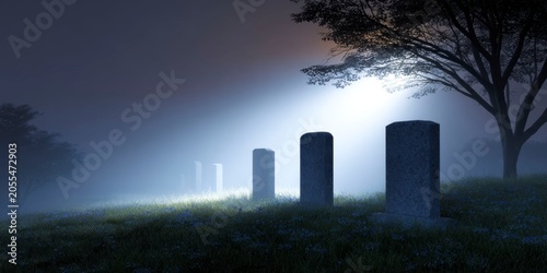 a spooky graveyard with tombstones and fog at night.