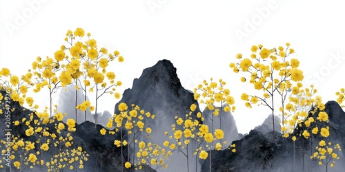 yellow flowers on a black mountain on a white background