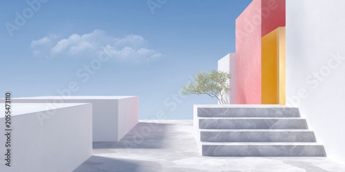 poster design, red and yellow architectural elements, blue sky, white building in the background, colorful, minimalist.