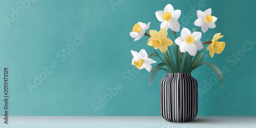 daffodils in a black and white striped vase, with bold colors and a turquoise background.