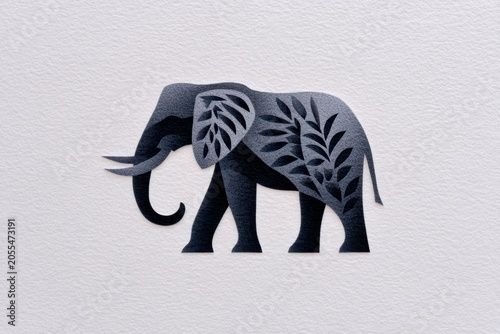 linocut print of an elephant, woodcut-inspired graphics, bold block prints, in black and white.