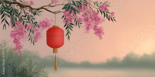 red lantern hanging from a tree, surrounded by pink flowers, against a sunset background.