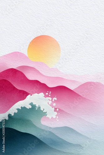 a pink wave, red sea, and yellow sun in the sky.