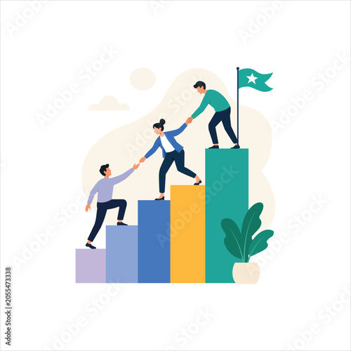 Business Teamwork Success Concept Illustration, People Climbing Growth Chart Together, Leadership Support and Career Achievement Vector
