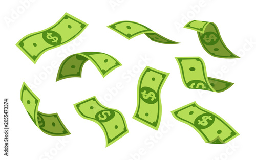 Flying Dollar Bills Set, Cartoon Cash Money Notes Collection, Financial Wealth Currency Vector Illustration